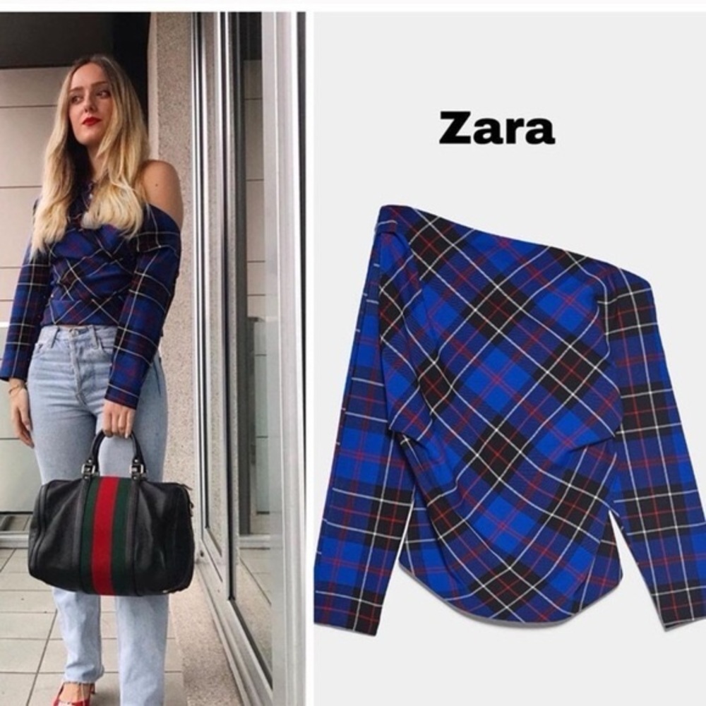 NWT ZARA Asymmetric Plaid Blue Top Size M  🦋Bloggers Favorite🦋 - Picture 2 of 16